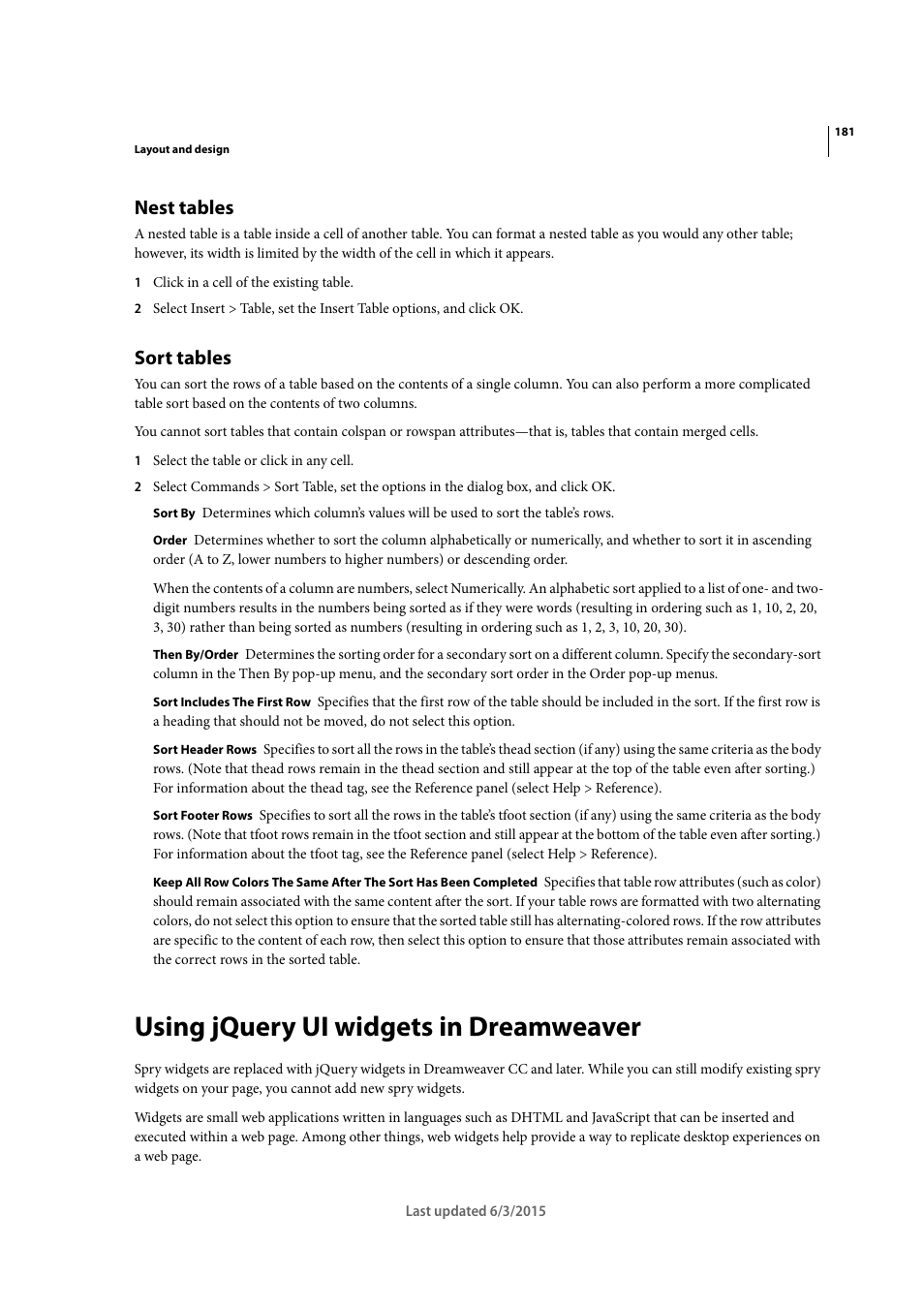 Nest tables, Sort tables, Using jquery ui widgets in dreamweaver | Adobe Dreamweaver CC 2015 User Manual | Page 188 / 700