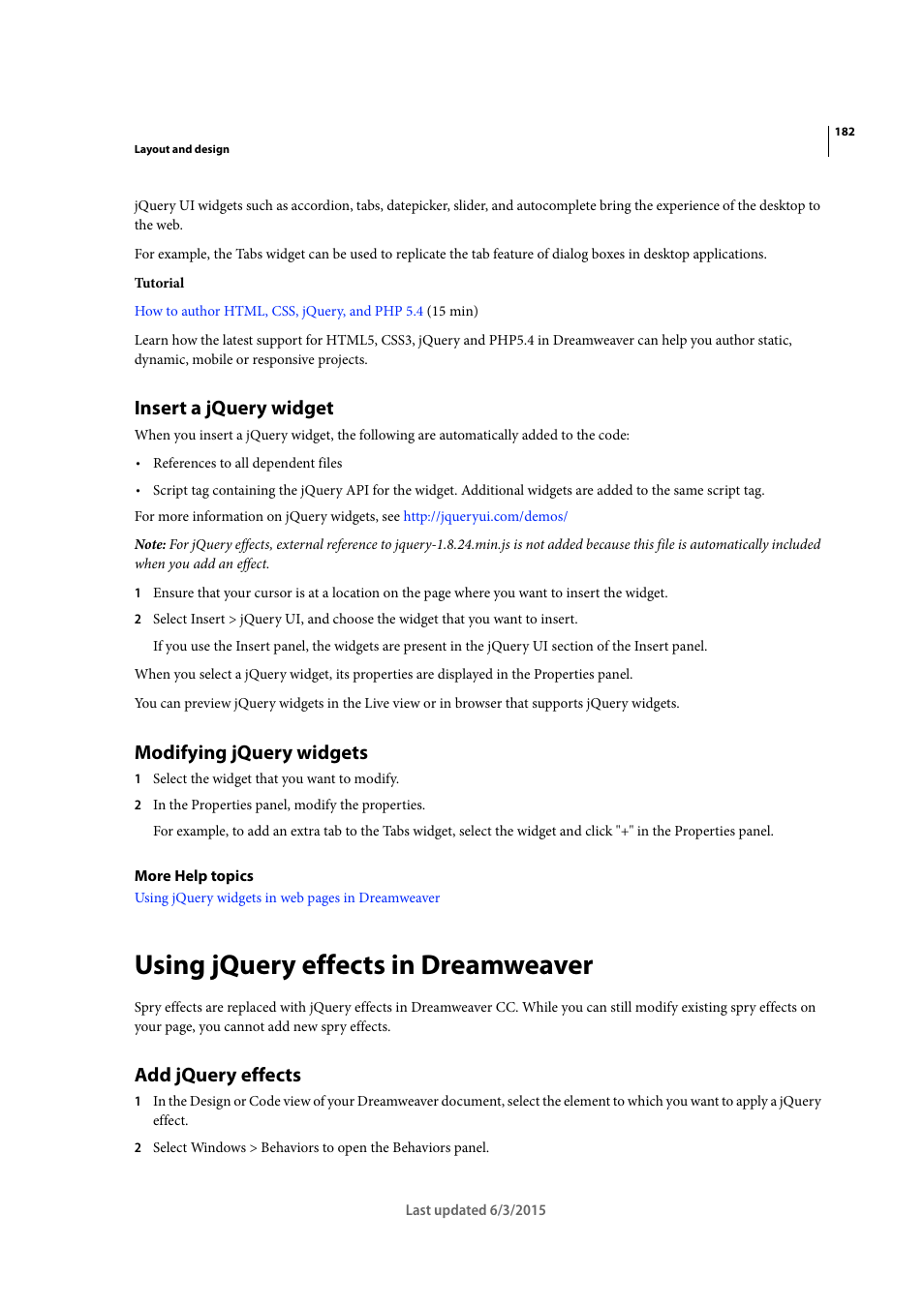 Insert a jquery widget, Modifying jquery widgets, Using jquery effects in dreamweaver | Add jquery effects | Adobe Dreamweaver CC 2015 User Manual | Page 189 / 700