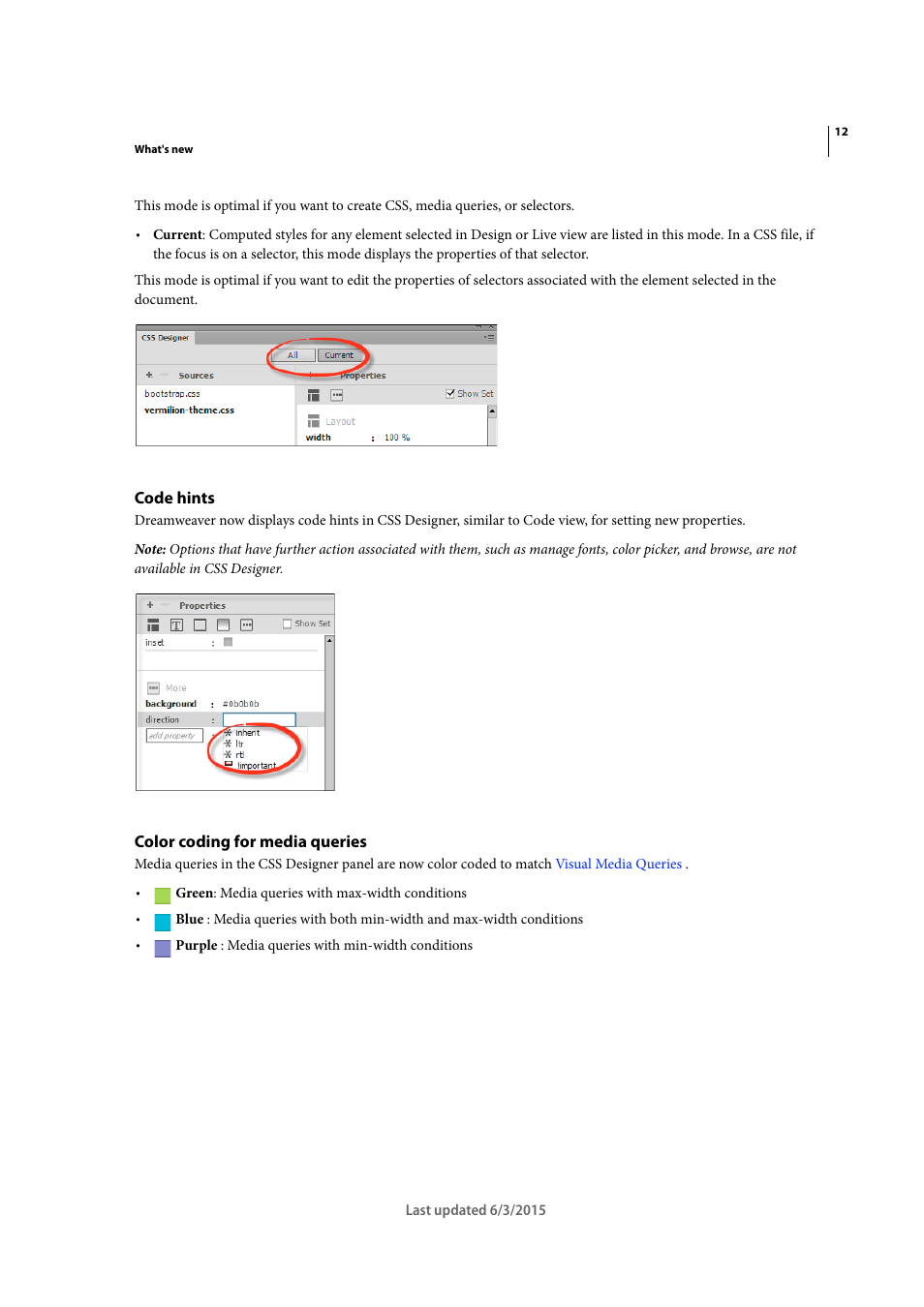 Code hints, Color coding for media queries | Adobe Dreamweaver CC 2015 User Manual | Page 19 / 700