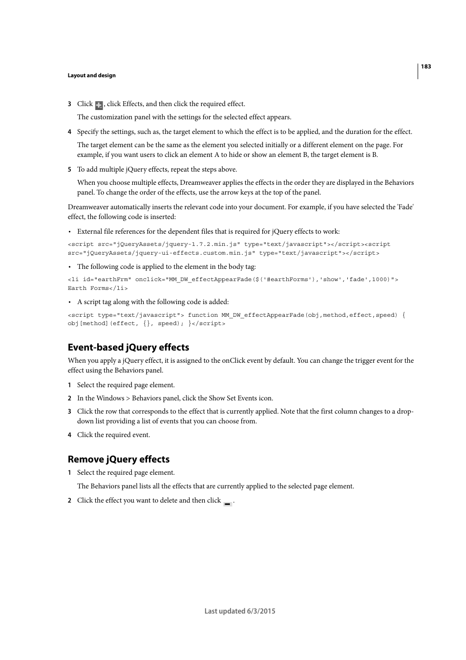 Event-based jquery effects, Remove jquery effects | Adobe Dreamweaver CC 2015 User Manual | Page 190 / 700
