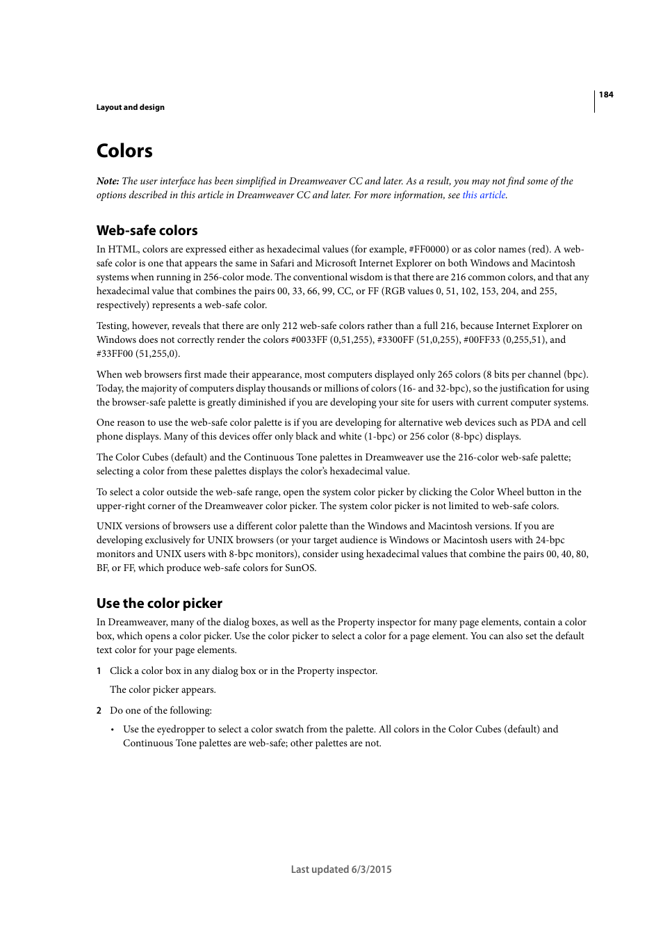 Colors, Web-safe colors, Use the color picker | Adobe Dreamweaver CC 2015 User Manual | Page 191 / 700