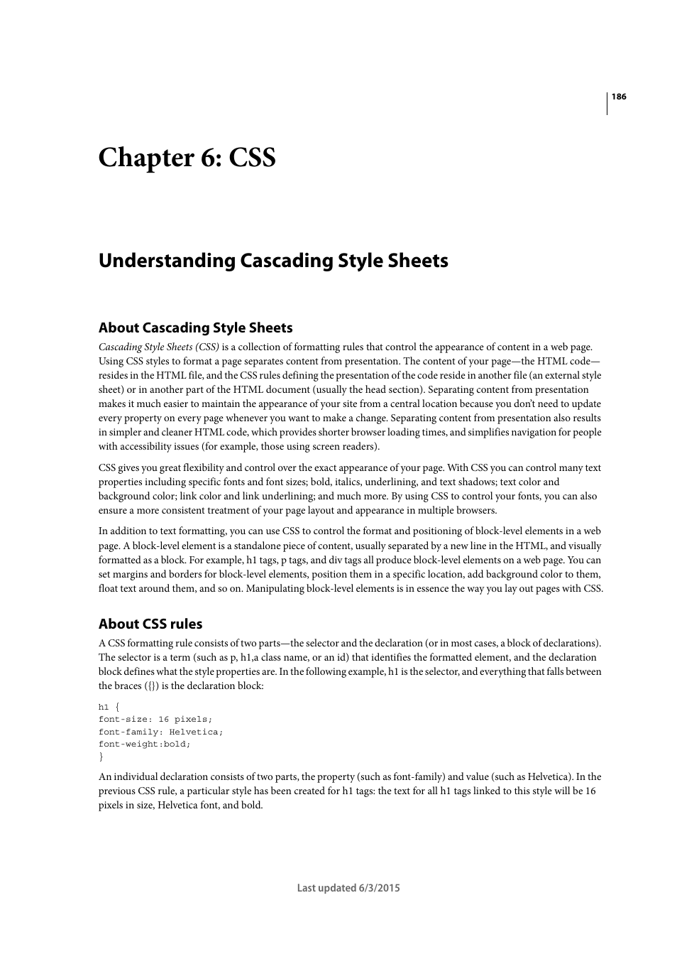Chapter 6: css, Understanding cascading style sheets, About cascading style sheets | About css rules | Adobe Dreamweaver CC 2015 User Manual | Page 193 / 700
