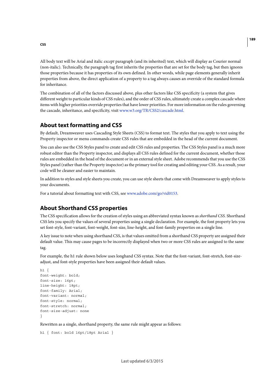 About text formatting and css, About shorthand css properties | Adobe Dreamweaver CC 2015 User Manual | Page 196 / 700