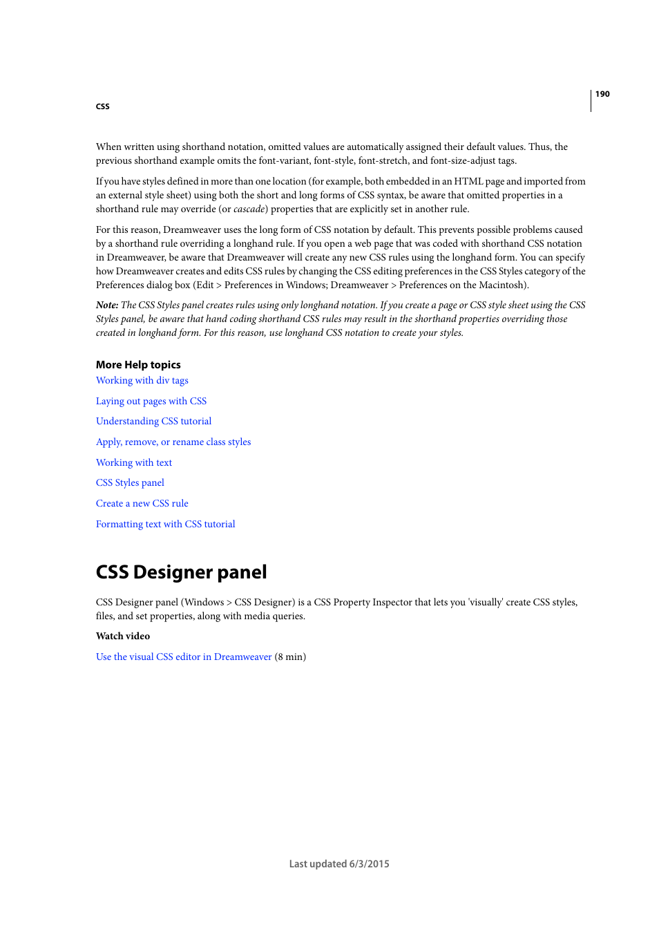 Css designer panel, Designer panel | Adobe Dreamweaver CC 2015 User Manual | Page 197 / 700