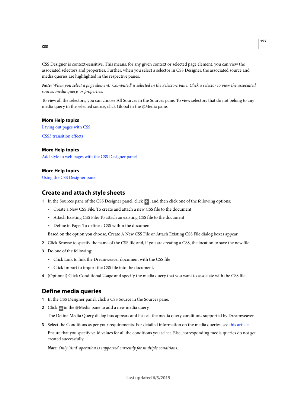 Create and attach style sheets, Define media queries | Adobe Dreamweaver CC 2015 User Manual | Page 199 / 700