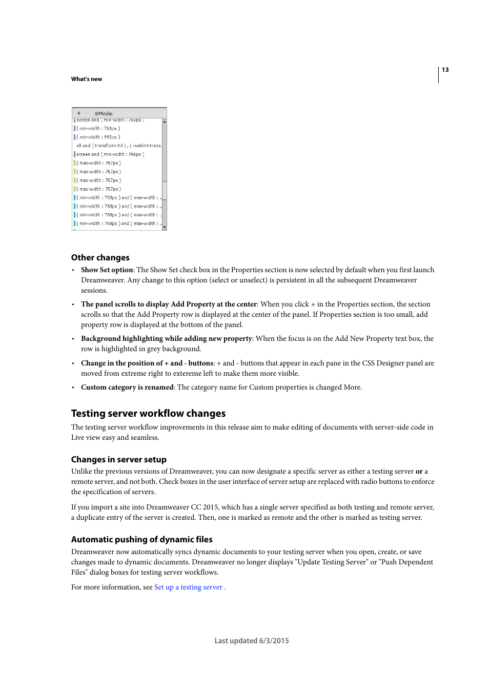 Other changes, Testing server workflow changes, Changes in server setup | Automatic pushing of dynamic files | Adobe Dreamweaver CC 2015 User Manual | Page 20 / 700