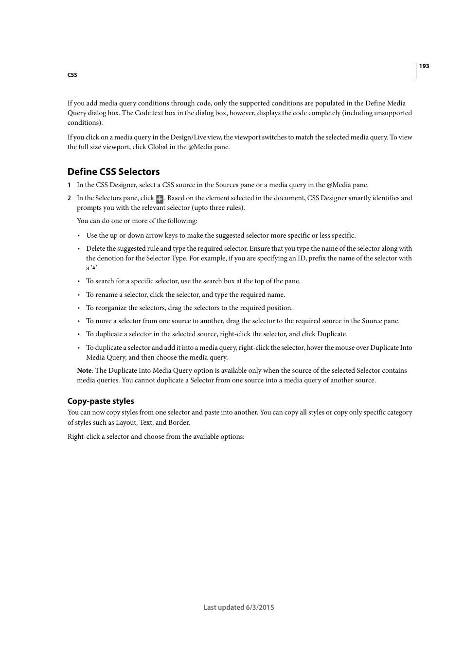 Define css selectors, Copy-paste styles | Adobe Dreamweaver CC 2015 User Manual | Page 200 / 700