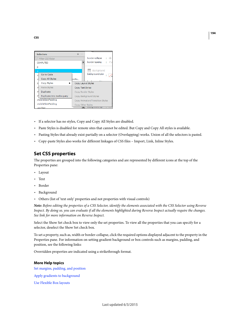 Set css properties | Adobe Dreamweaver CC 2015 User Manual | Page 201 / 700