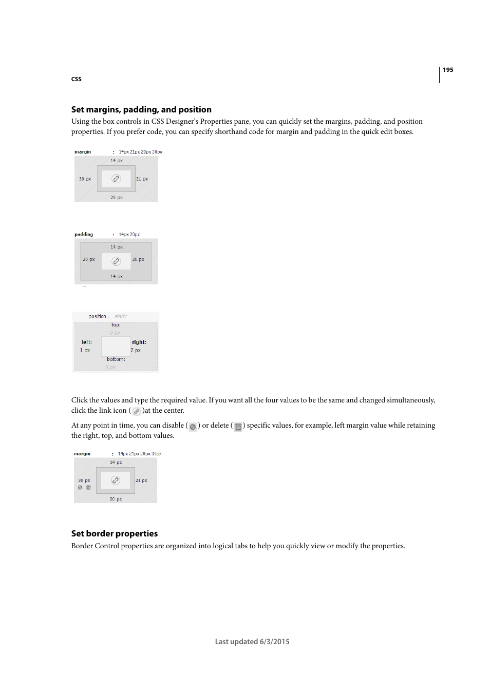 Set margins, padding, and position, Set border properties | Adobe Dreamweaver CC 2015 User Manual | Page 202 / 700