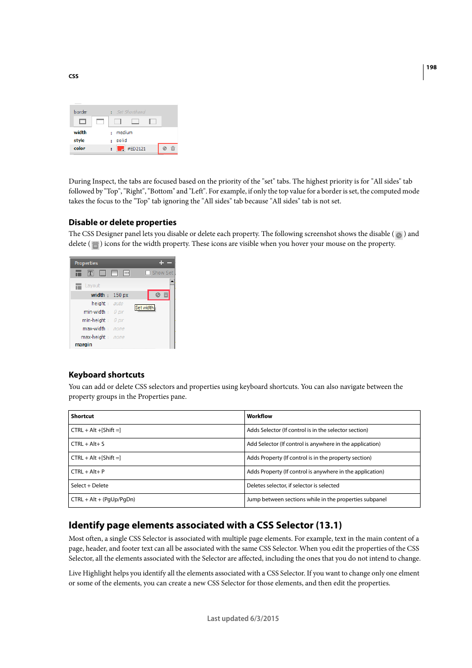 Disable or delete properties, Keyboard shortcuts | Adobe Dreamweaver CC 2015 User Manual | Page 205 / 700