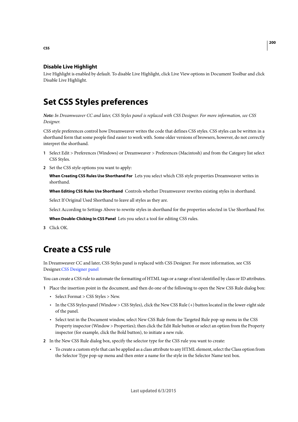 Disable live highlight, Set css styles preferences, Create a css rule | Adobe Dreamweaver CC 2015 User Manual | Page 207 / 700