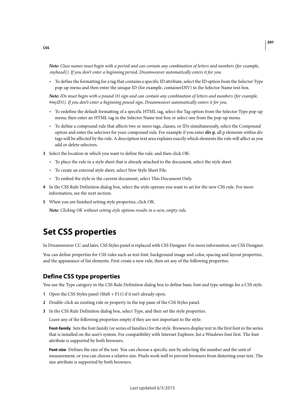 Set css properties, Define css type properties | Adobe Dreamweaver CC 2015 User Manual | Page 208 / 700