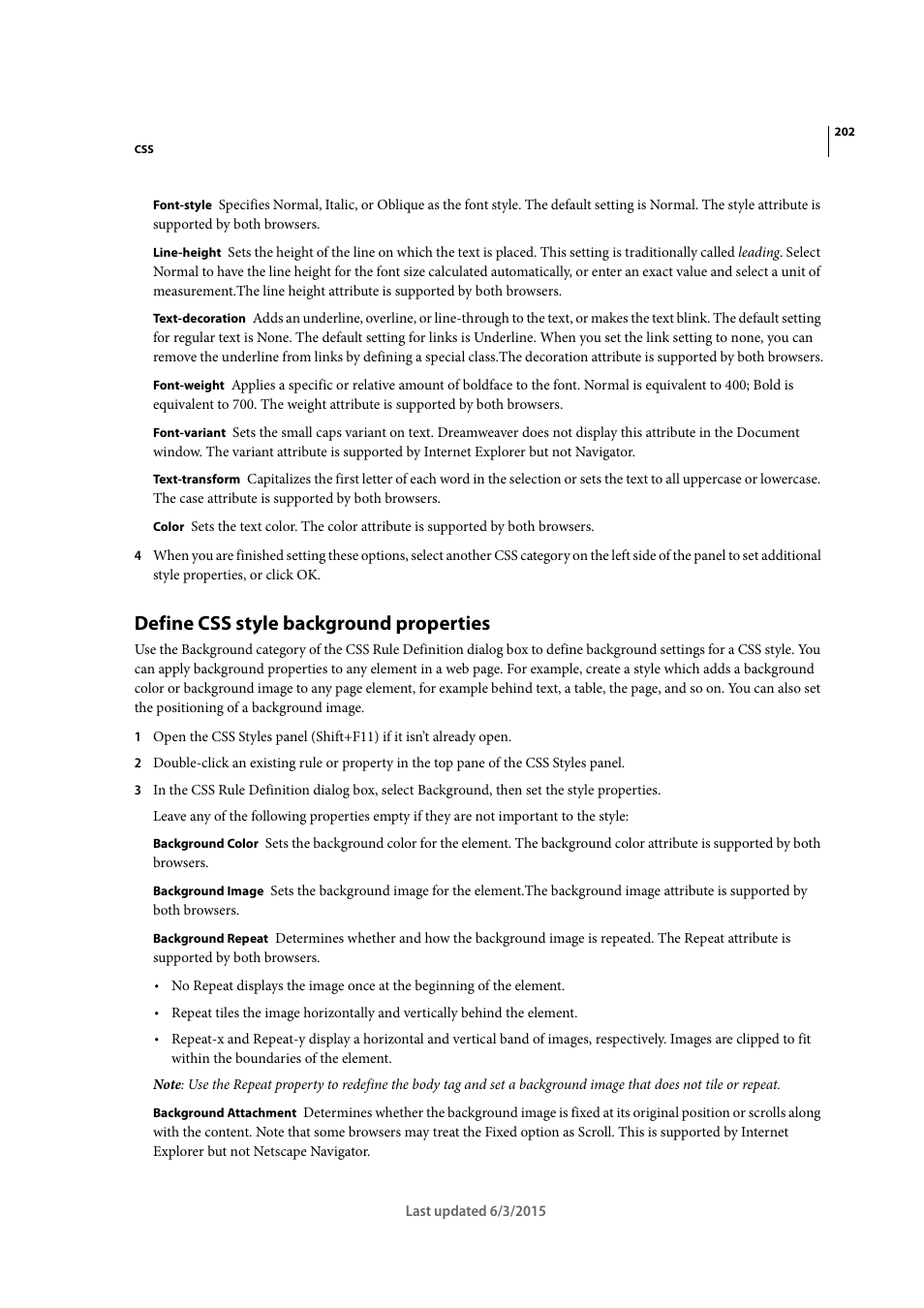 Define css style background properties | Adobe Dreamweaver CC 2015 User Manual | Page 209 / 700