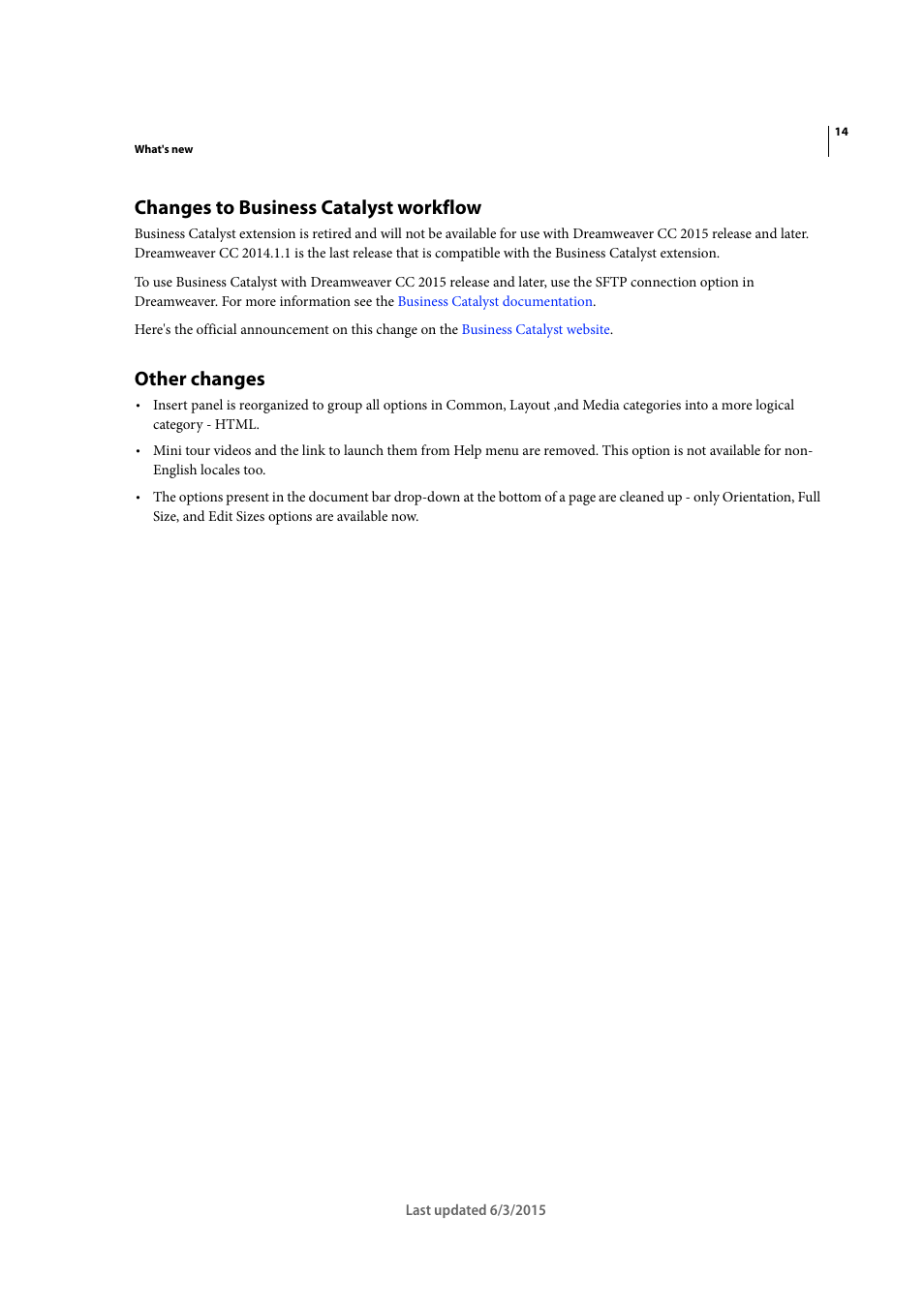 Changes to business catalyst workflow, Other changes | Adobe Dreamweaver CC 2015 User Manual | Page 21 / 700