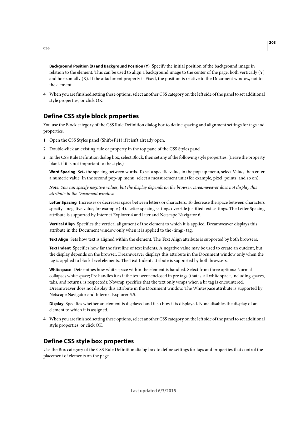 Define css style block properties, Define css style box properties | Adobe Dreamweaver CC 2015 User Manual | Page 210 / 700