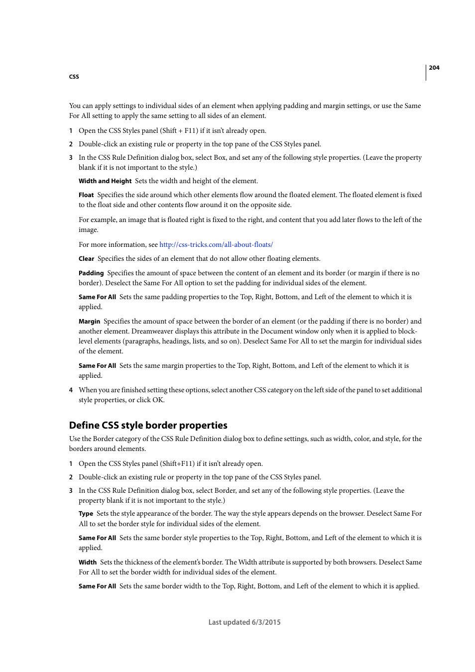 Define css style border properties | Adobe Dreamweaver CC 2015 User Manual | Page 211 / 700