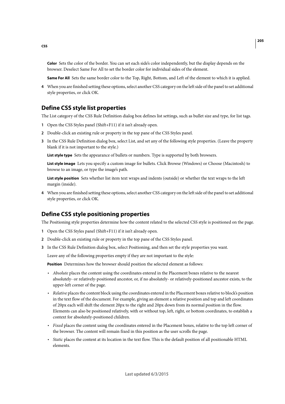 Define css style list properties, Define css style positioning properties | Adobe Dreamweaver CC 2015 User Manual | Page 212 / 700