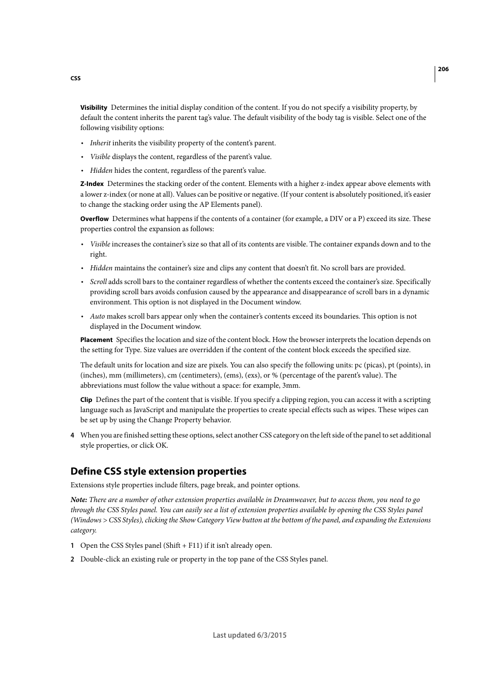 Define css style extension properties | Adobe Dreamweaver CC 2015 User Manual | Page 213 / 700