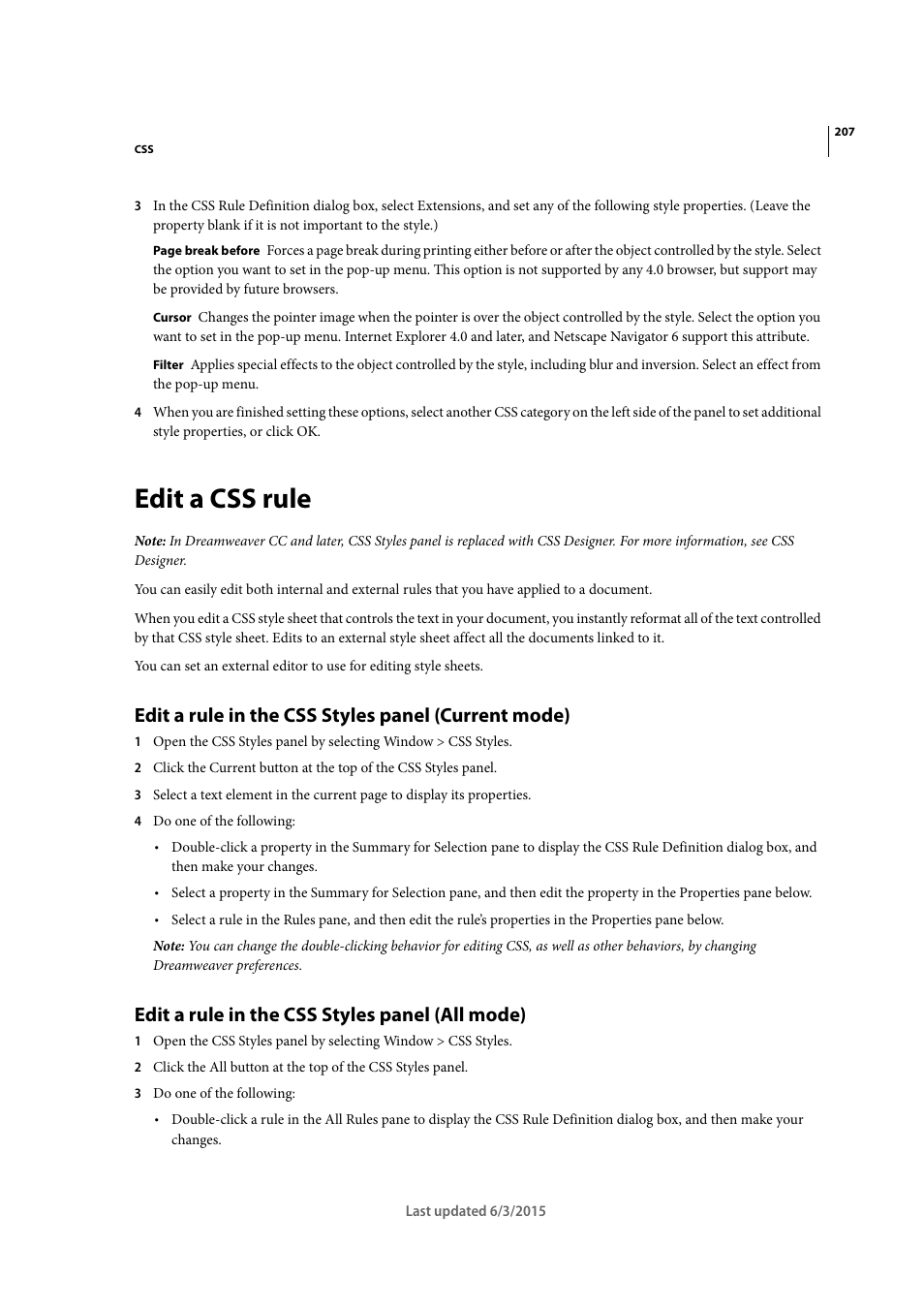 Edit a css rule, Edit a rule in the css styles panel (current mode), Edit a rule in the css styles panel (all mode) | Adobe Dreamweaver CC 2015 User Manual | Page 214 / 700