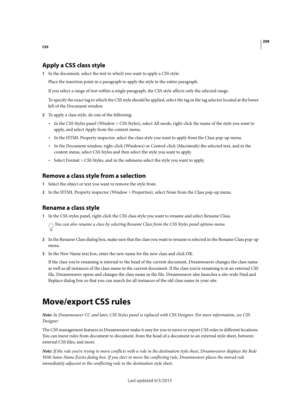 Apply a css class style, Remove a class style from a selection, Rename a class style | Move/export css rules | Adobe Dreamweaver CC 2015 User Manual | Page 216 / 700