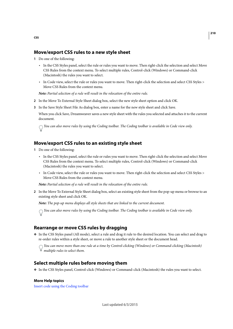 Move/export css rules to a new style sheet, Move/export css rules to an existing style sheet, Rearrange or move css rules by dragging | Select multiple rules before moving them | Adobe Dreamweaver CC 2015 User Manual | Page 217 / 700