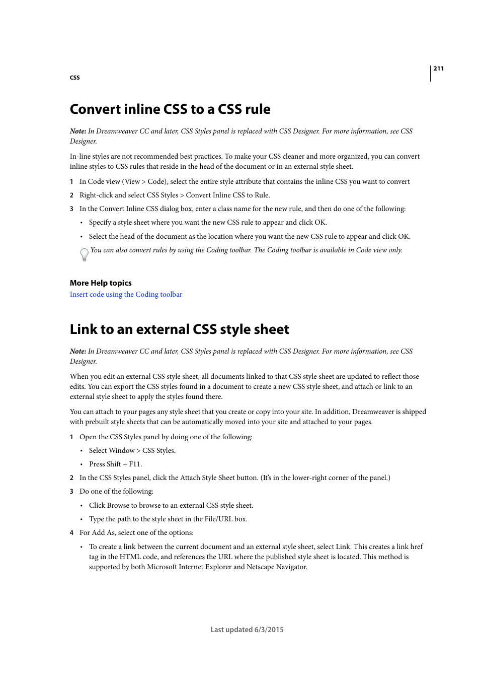 Convert inline css to a css rule, Link to an external css style sheet | Adobe Dreamweaver CC 2015 User Manual | Page 218 / 700