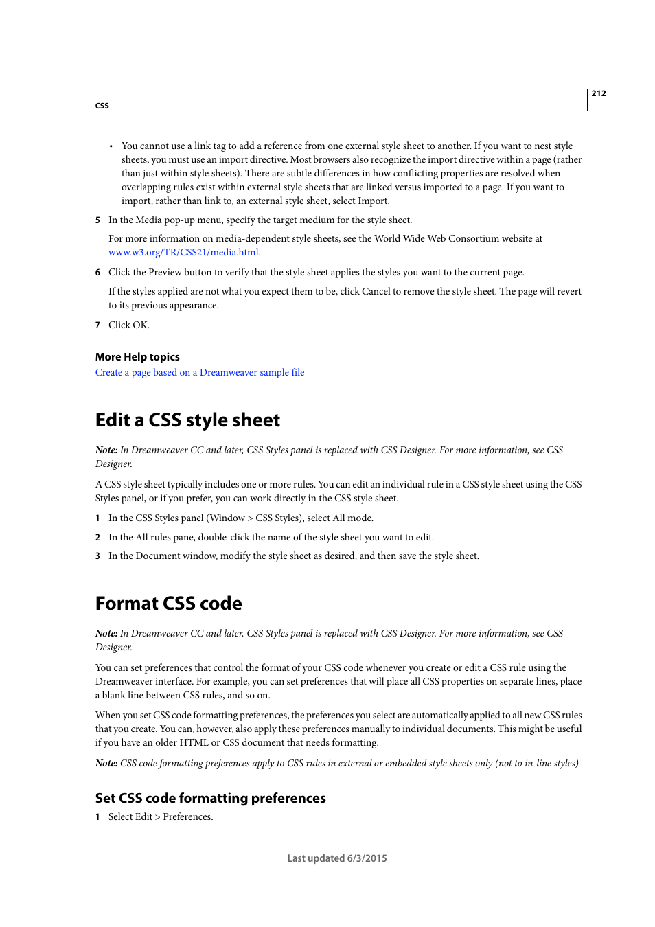 Edit a css style sheet, Format css code, Set css code formatting preferences | Adobe Dreamweaver CC 2015 User Manual | Page 219 / 700