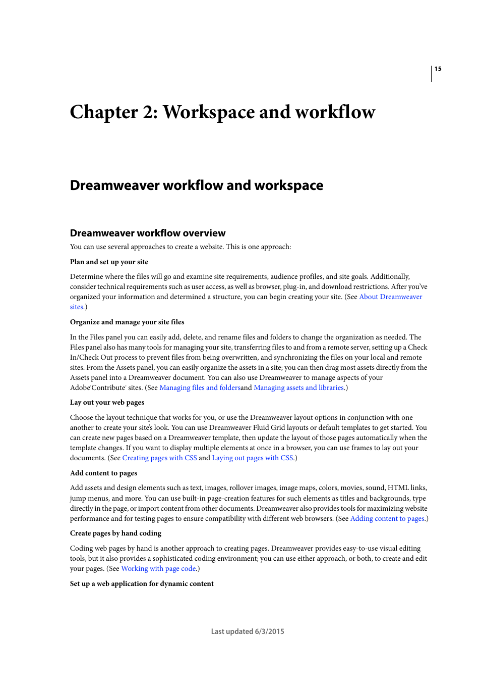 Chapter 2: workspace and workflow, Dreamweaver workflow and workspace, Dreamweaver workflow overview | Adobe Dreamweaver CC 2015 User Manual | Page 22 / 700