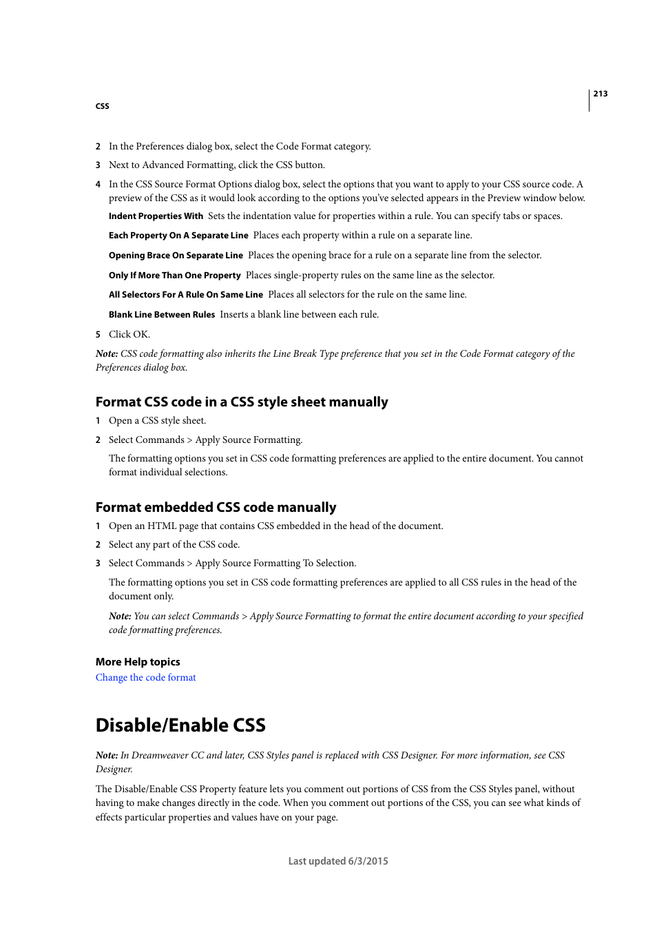 Format css code in a css style sheet manually, Format embedded css code manually, Disable/enable css | Adobe Dreamweaver CC 2015 User Manual | Page 220 / 700