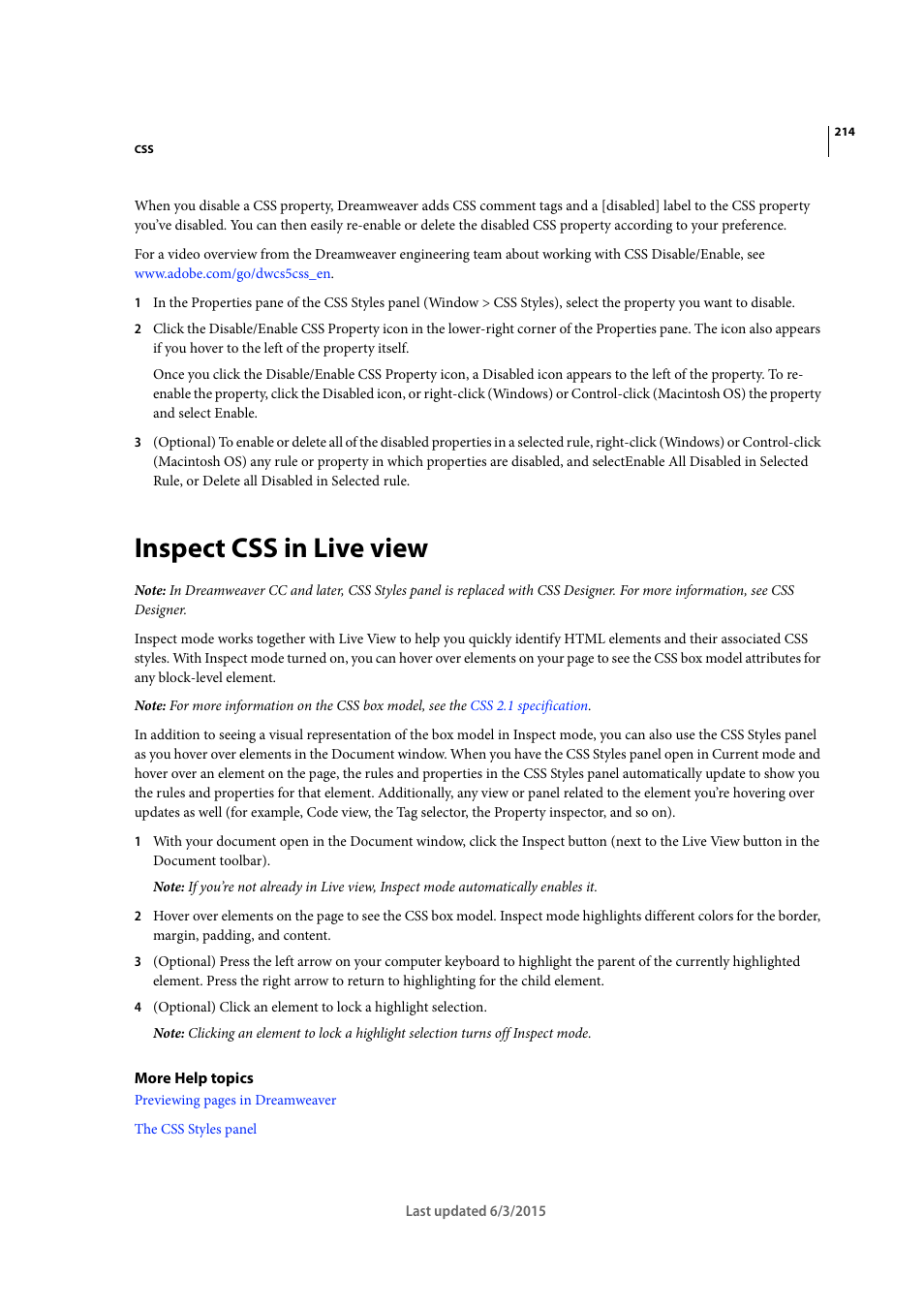 Inspect css in live view | Adobe Dreamweaver CC 2015 User Manual | Page 221 / 700