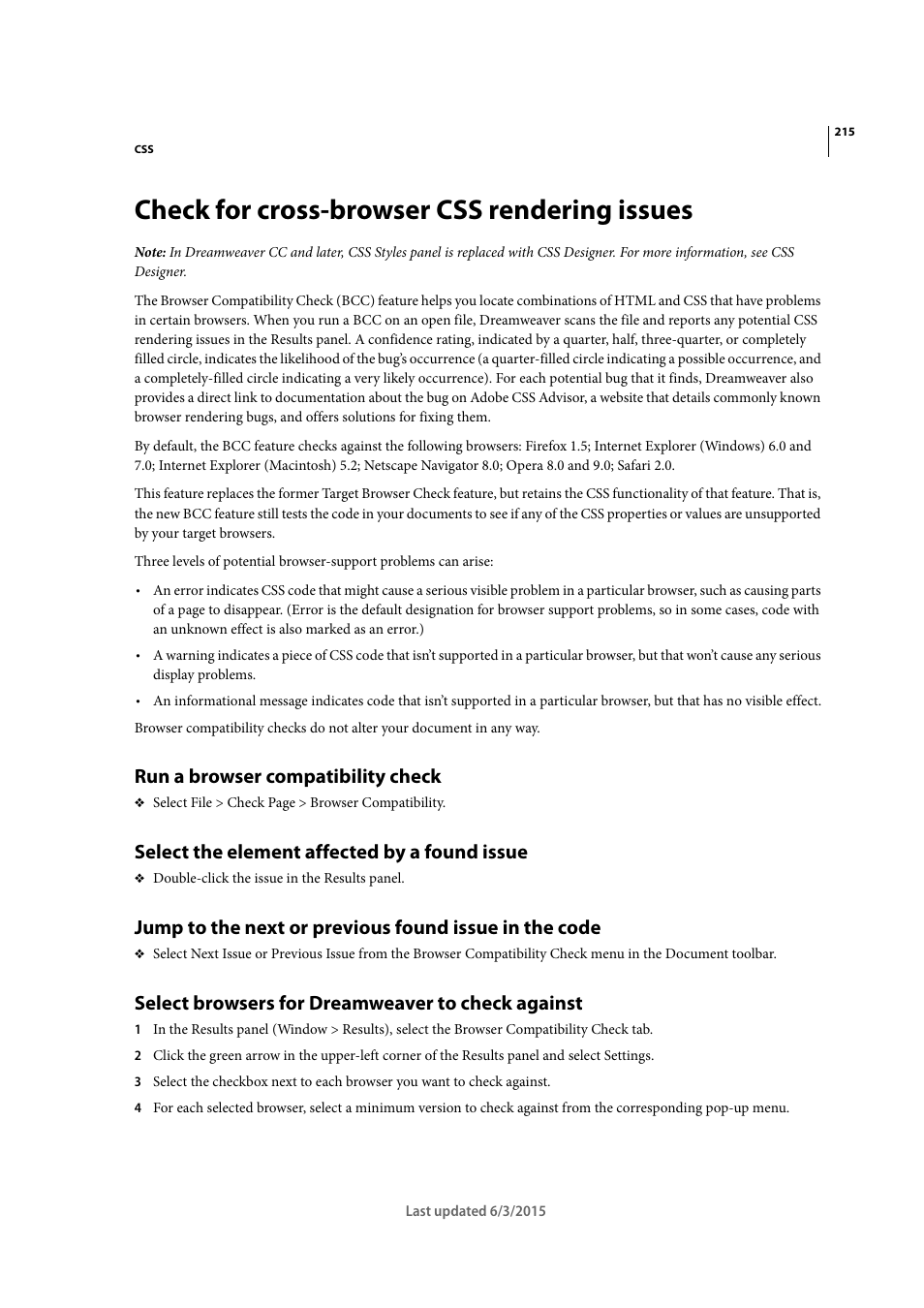 Check for cross-browser css rendering issues, Run a browser compatibility check, Select the element affected by a found issue | Select browsers for dreamweaver to check against | Adobe Dreamweaver CC 2015 User Manual | Page 222 / 700