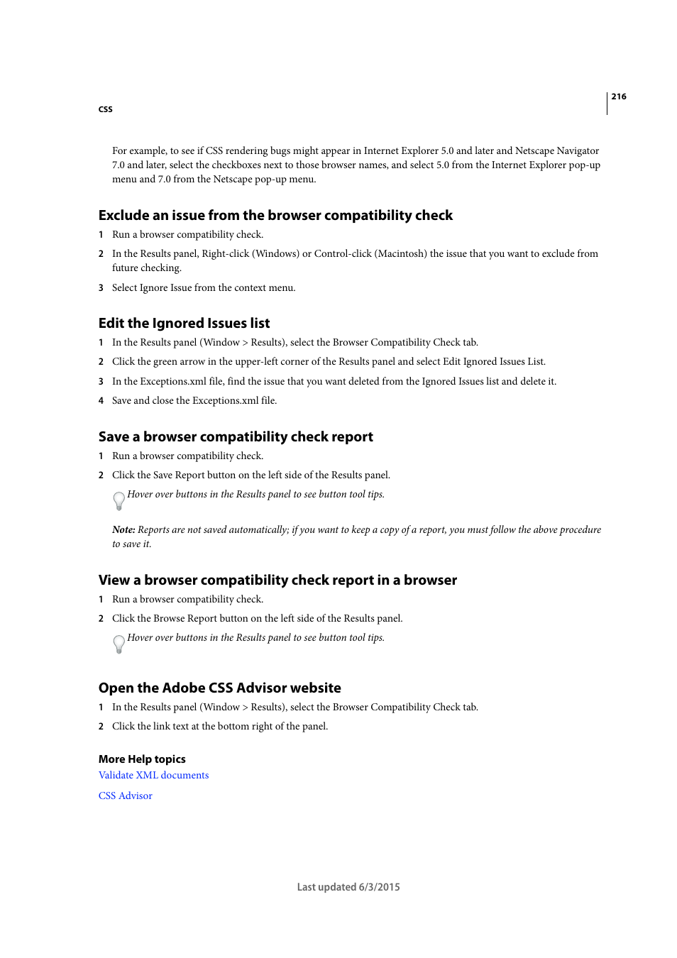 Edit the ignored issues list, Save a browser compatibility check report, Open the adobe css advisor website | Adobe Dreamweaver CC 2015 User Manual | Page 223 / 700