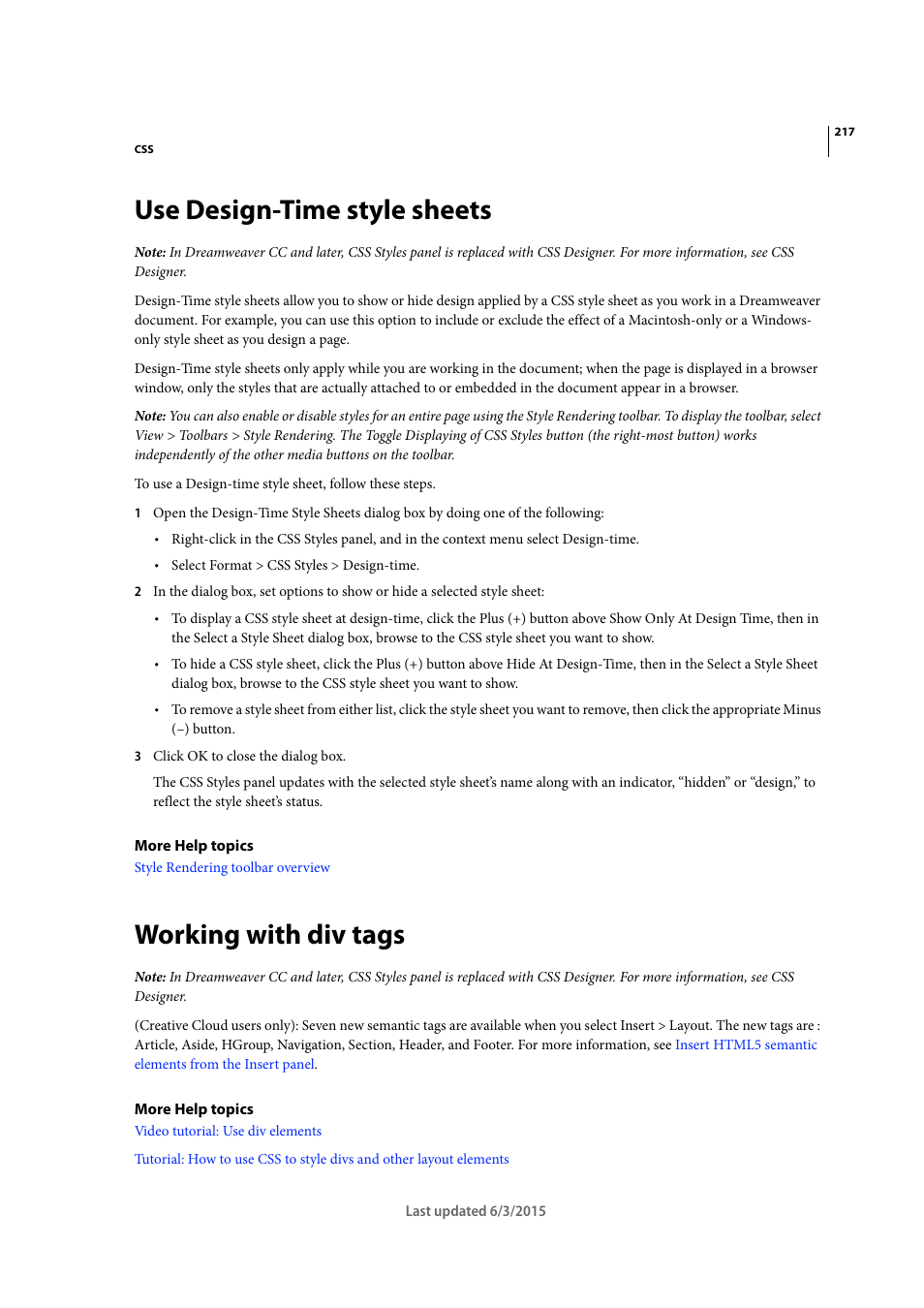 Use design-time style sheets, Working with div tags | Adobe Dreamweaver CC 2015 User Manual | Page 224 / 700