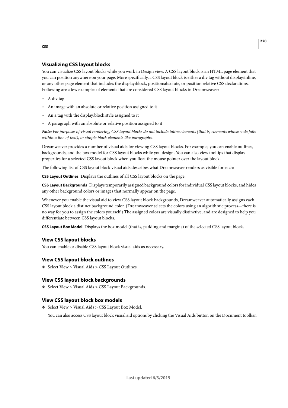 Visualizing css layout blocks, View css layout blocks, View css layout block outlines | View css layout block backgrounds, View css layout block box models | Adobe Dreamweaver CC 2015 User Manual | Page 227 / 700