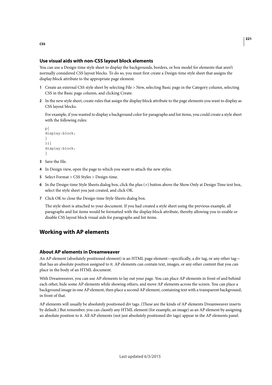 Use visual aids with non-css layout block elements, Working with ap elements, About ap elements in dreamweaver | Adobe Dreamweaver CC 2015 User Manual | Page 228 / 700