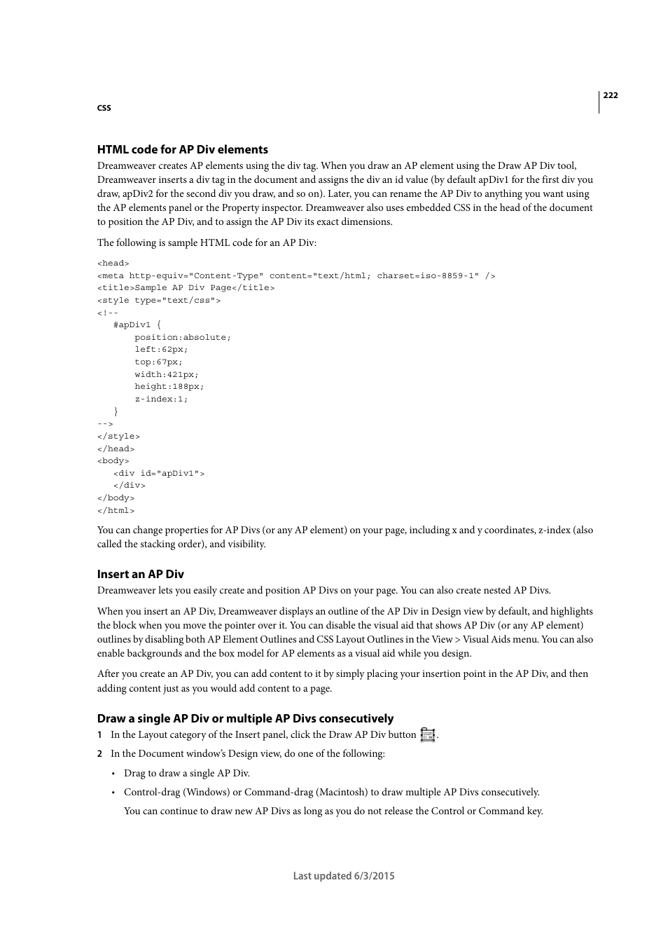 Html code for ap div elements, Insert an ap div | Adobe Dreamweaver CC 2015 User Manual | Page 229 / 700
