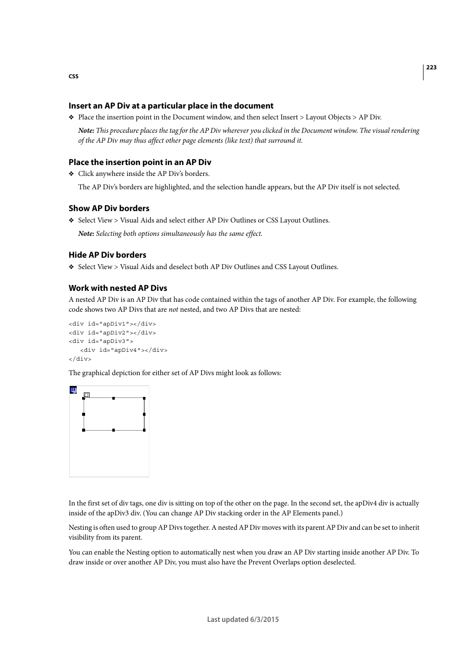 Place the insertion point in an ap div, Show ap div borders, Hide ap div borders | Work with nested ap divs | Adobe Dreamweaver CC 2015 User Manual | Page 230 / 700