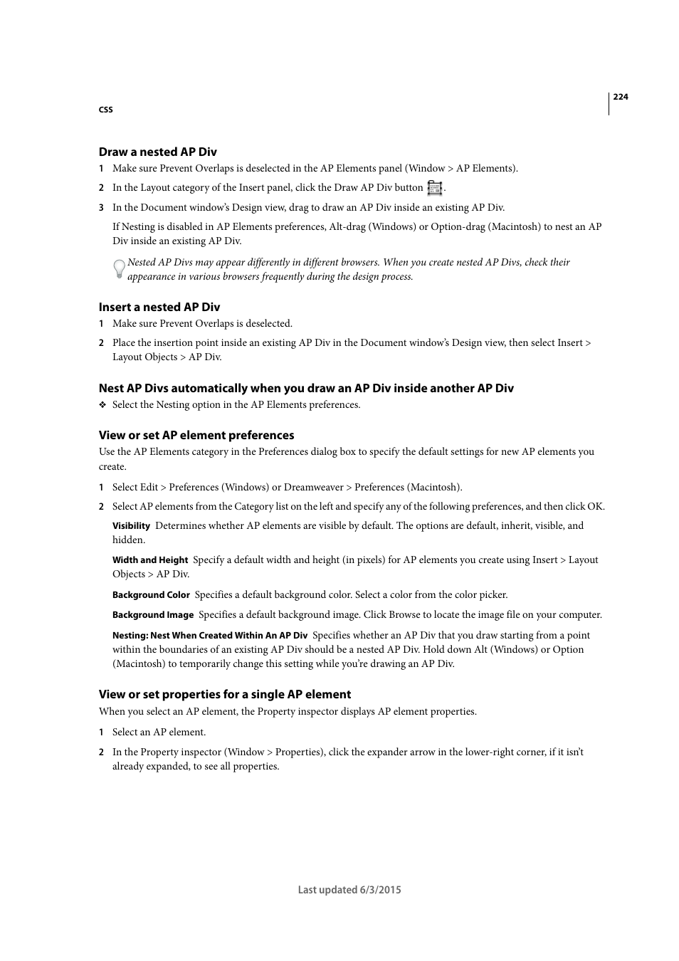 Draw a nested ap div, Insert a nested ap div, View or set ap element preferences | View or set properties for a single ap element | Adobe Dreamweaver CC 2015 User Manual | Page 231 / 700