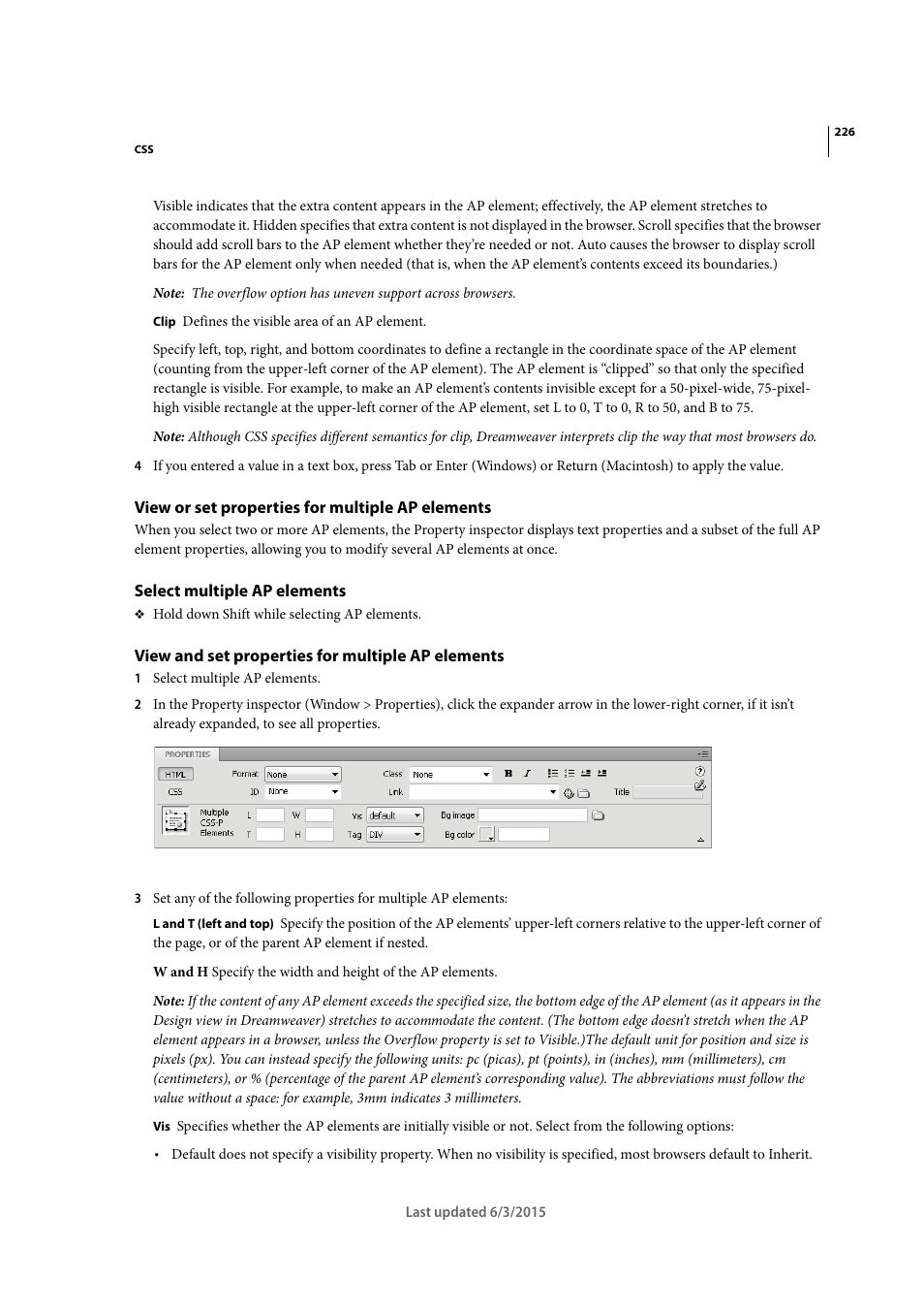 View or set properties for multiple ap elements, Select multiple ap elements, View and set properties for multiple ap elements | Adobe Dreamweaver CC 2015 User Manual | Page 233 / 700