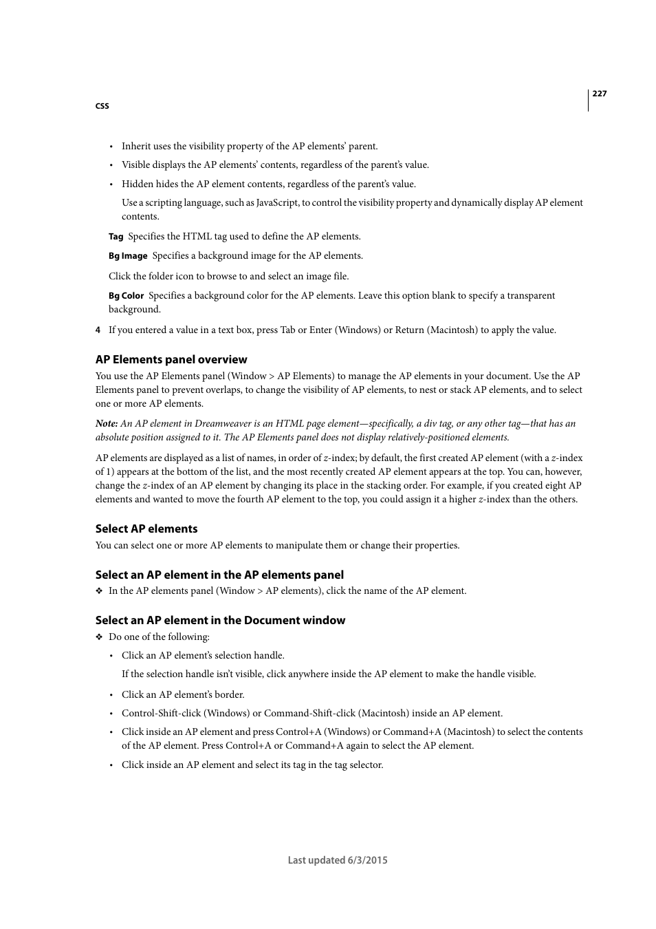 Ap elements panel overview, Select ap elements, Select an ap element in the ap elements panel | Select an ap element in the document window | Adobe Dreamweaver CC 2015 User Manual | Page 234 / 700