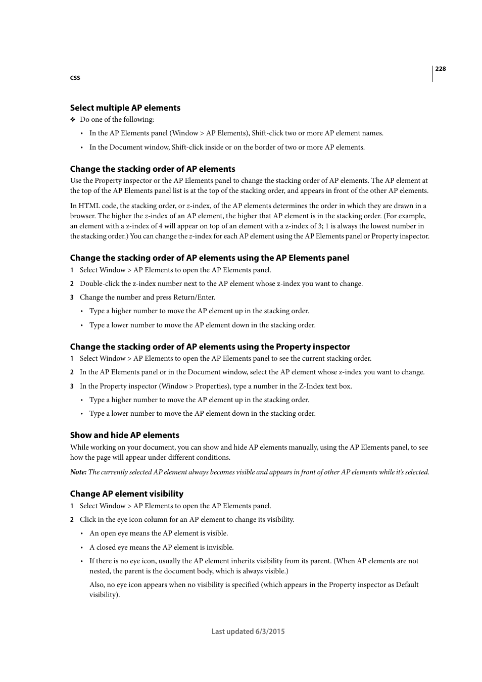 Select multiple ap elements, Change the stacking order of ap elements, Show and hide ap elements | Change ap element visibility | Adobe Dreamweaver CC 2015 User Manual | Page 235 / 700