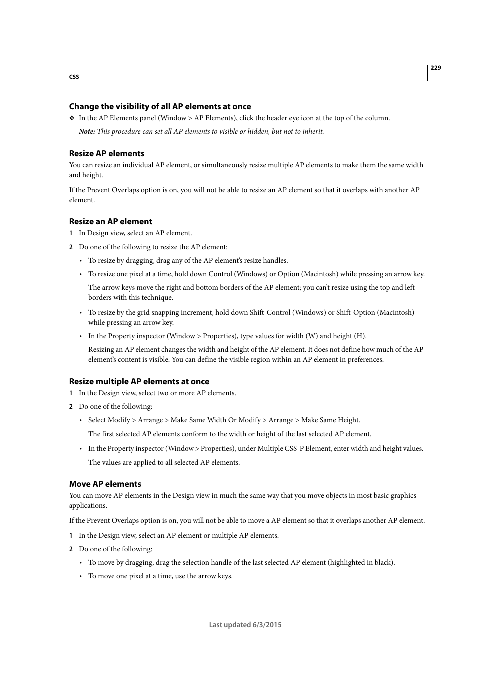 Change the visibility of all ap elements at once, Resize ap elements, Resize an ap element | Resize multiple ap elements at once, Move ap elements | Adobe Dreamweaver CC 2015 User Manual | Page 236 / 700