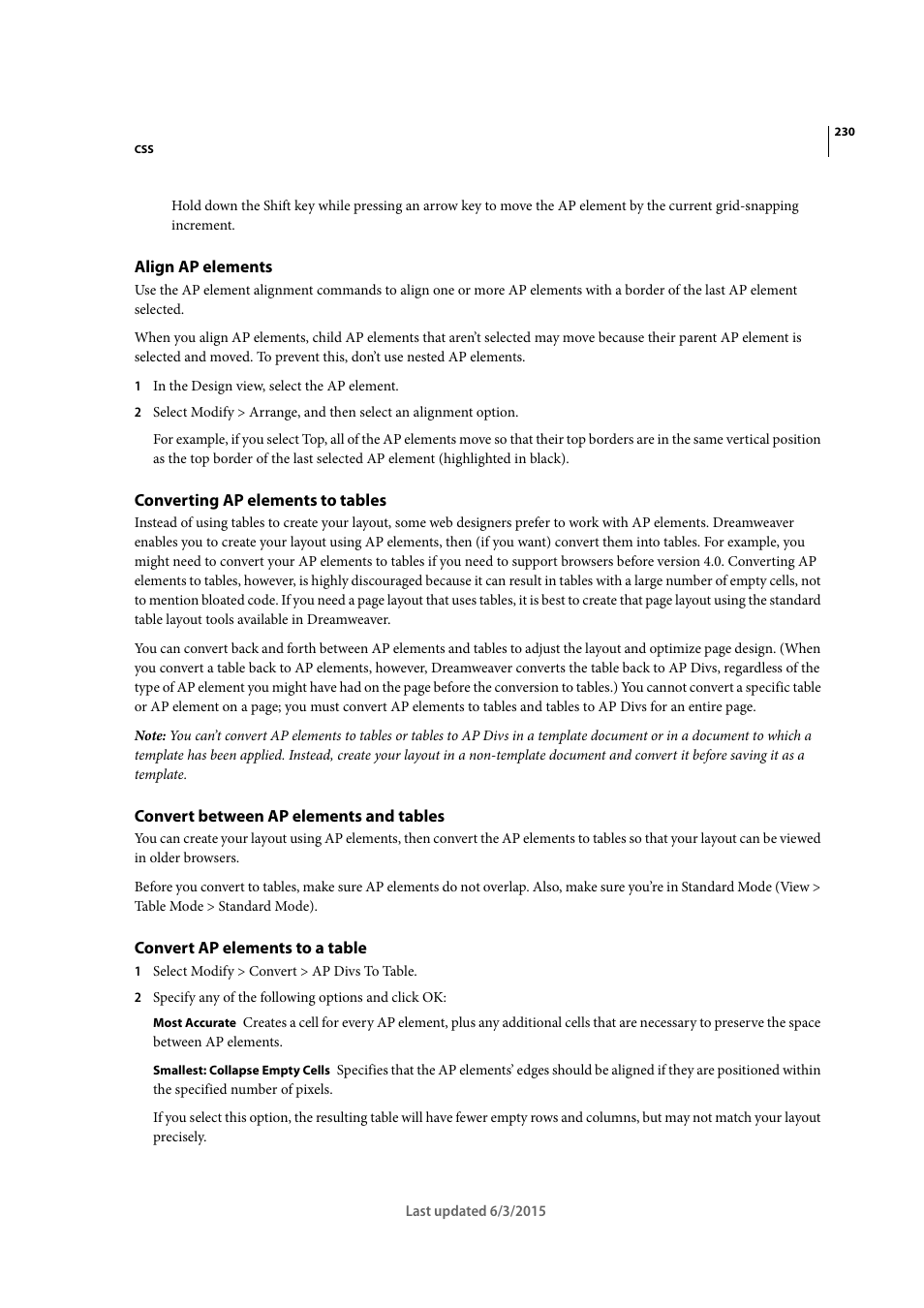 Align ap elements, Converting ap elements to tables, Convert between ap elements and tables | Convert ap elements to a table | Adobe Dreamweaver CC 2015 User Manual | Page 237 / 700
