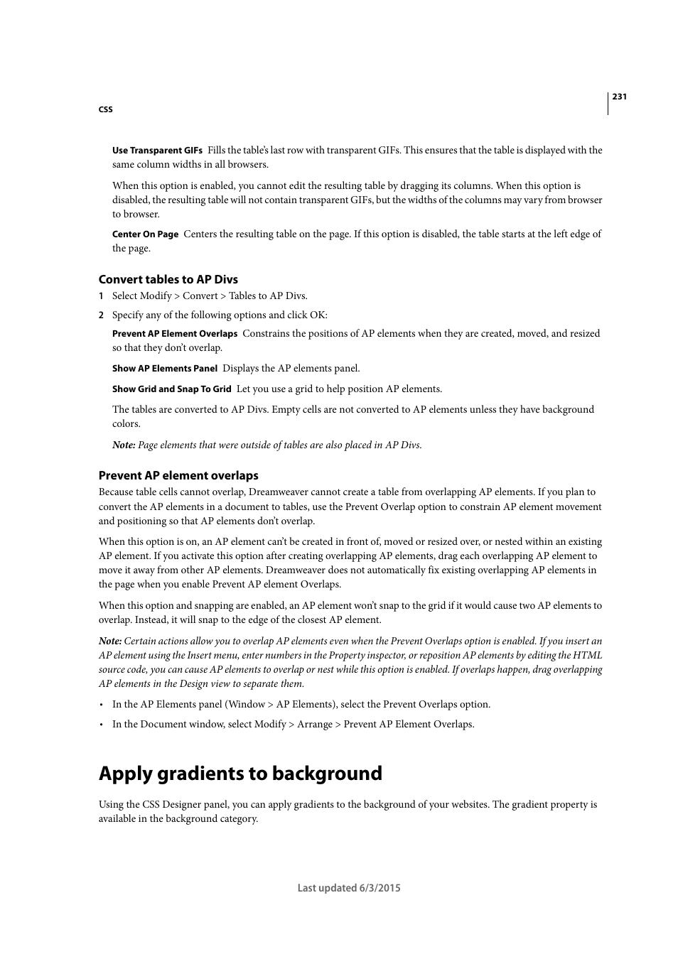 Convert tables to ap divs, Prevent ap element overlaps, Apply gradients to background | Adobe Dreamweaver CC 2015 User Manual | Page 238 / 700