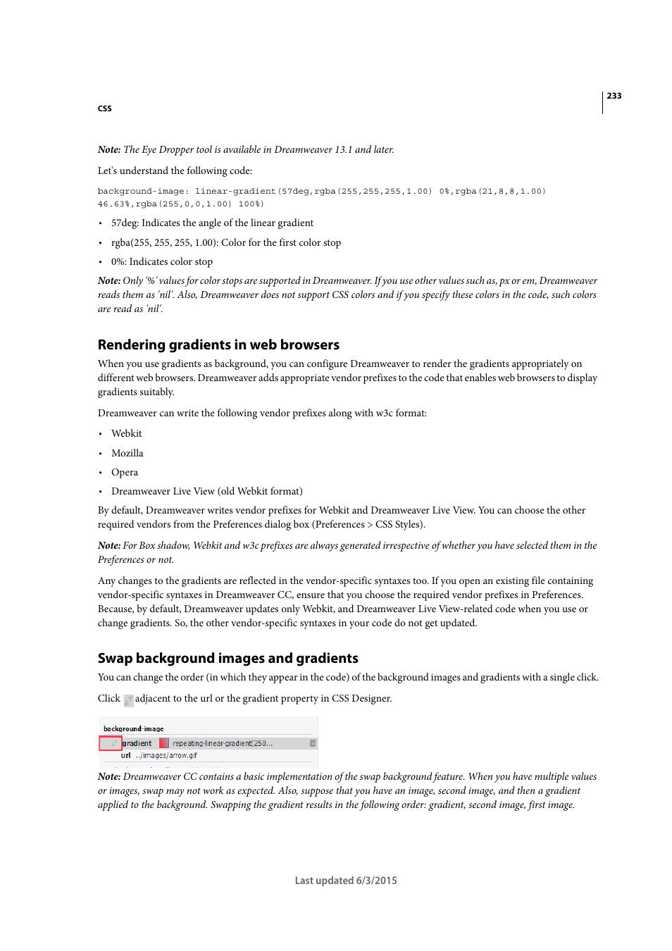 Rendering gradients in web browsers, Swap background images and gradients | Adobe Dreamweaver CC 2015 User Manual | Page 240 / 700