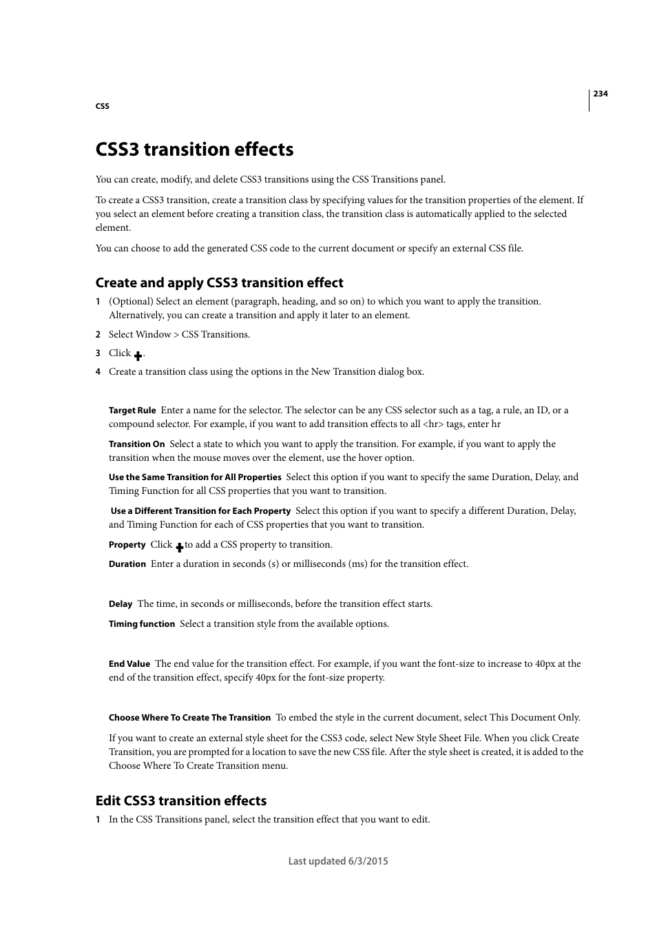 Css3 transition effects, Create and apply css3 transition effect, Edit css3 transition effects | Adobe Dreamweaver CC 2015 User Manual | Page 241 / 700