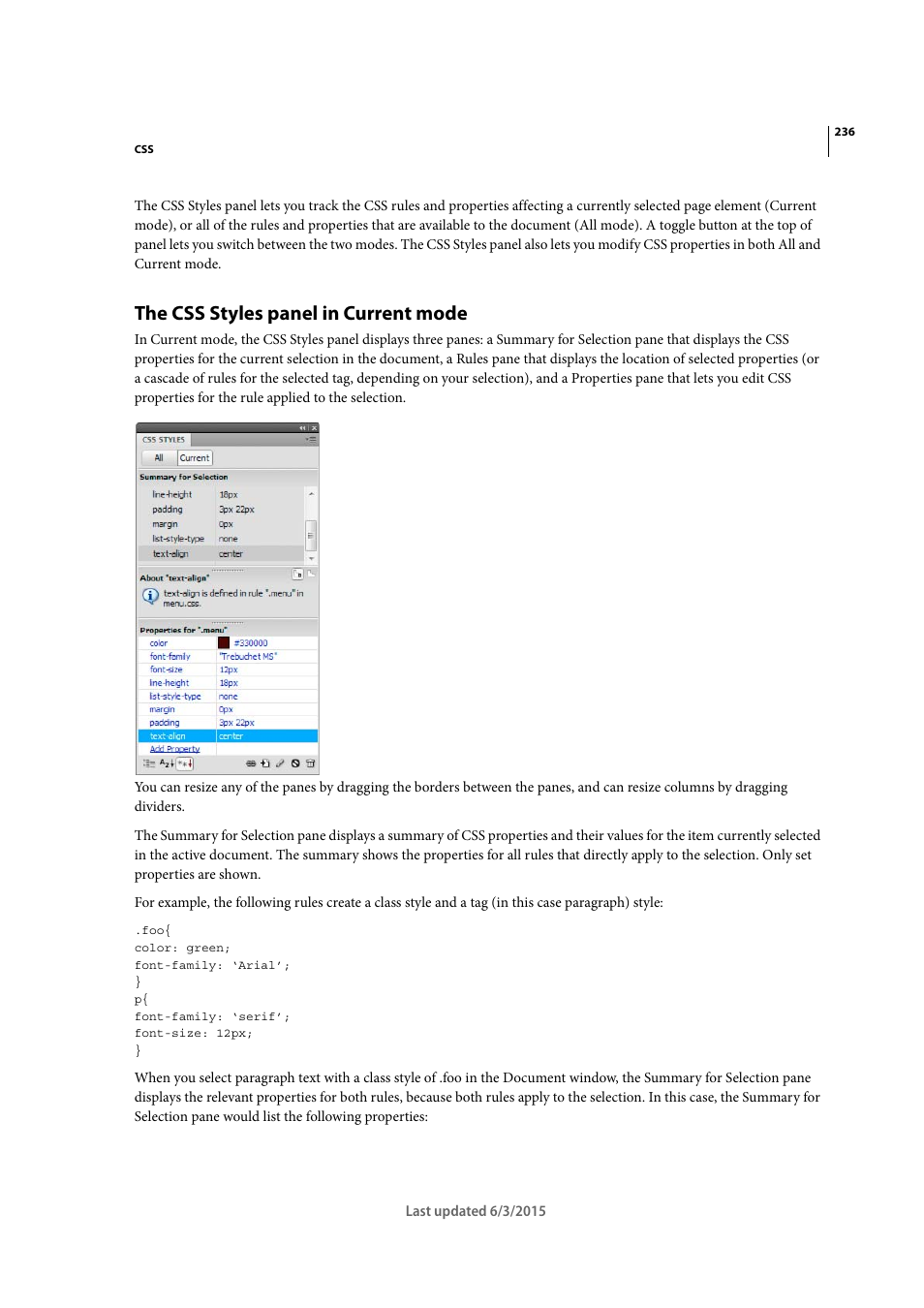 The css styles panel in current mode | Adobe Dreamweaver CC 2015 User Manual | Page 243 / 700