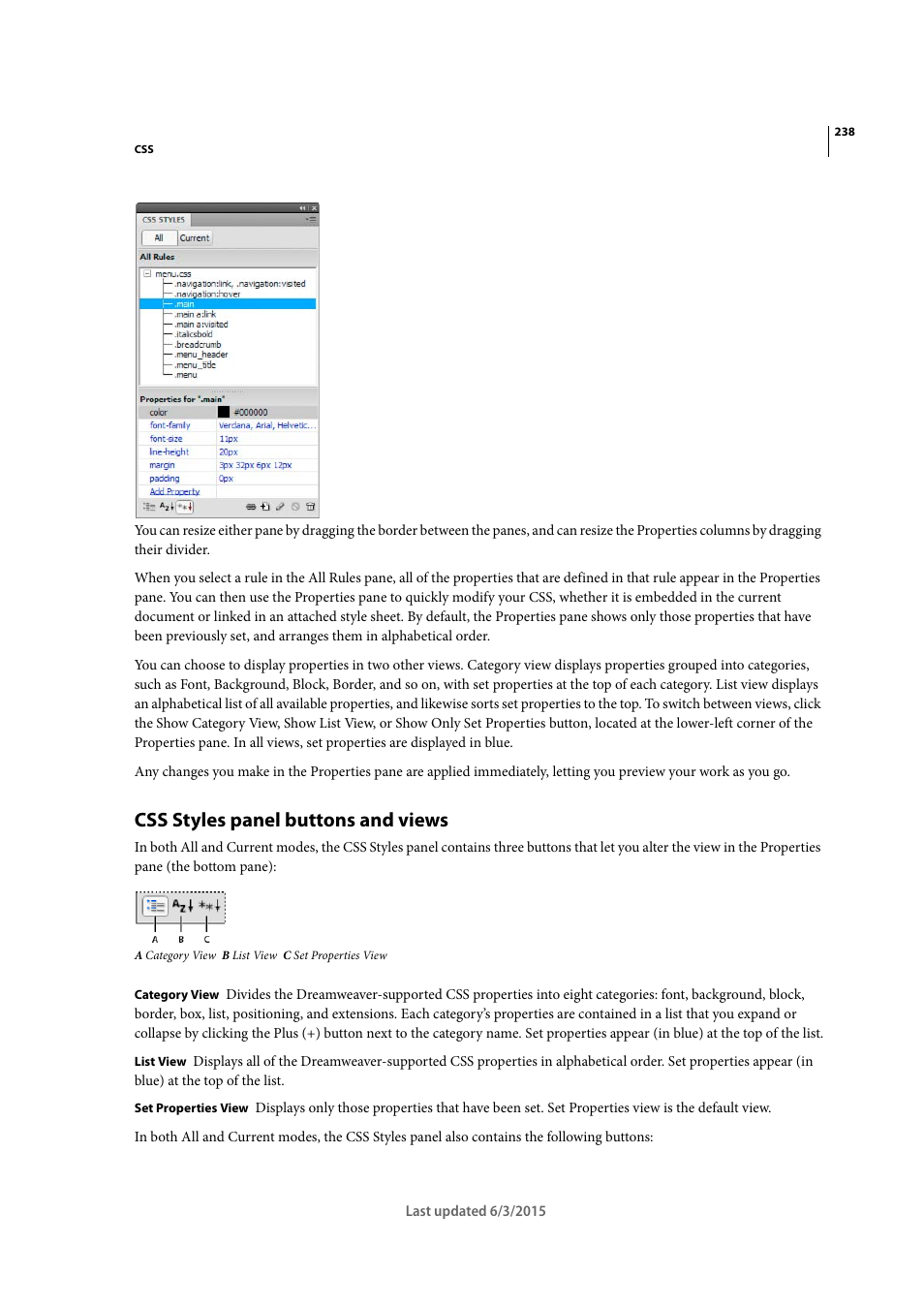 Css styles panel buttons and views | Adobe Dreamweaver CC 2015 User Manual | Page 245 / 700