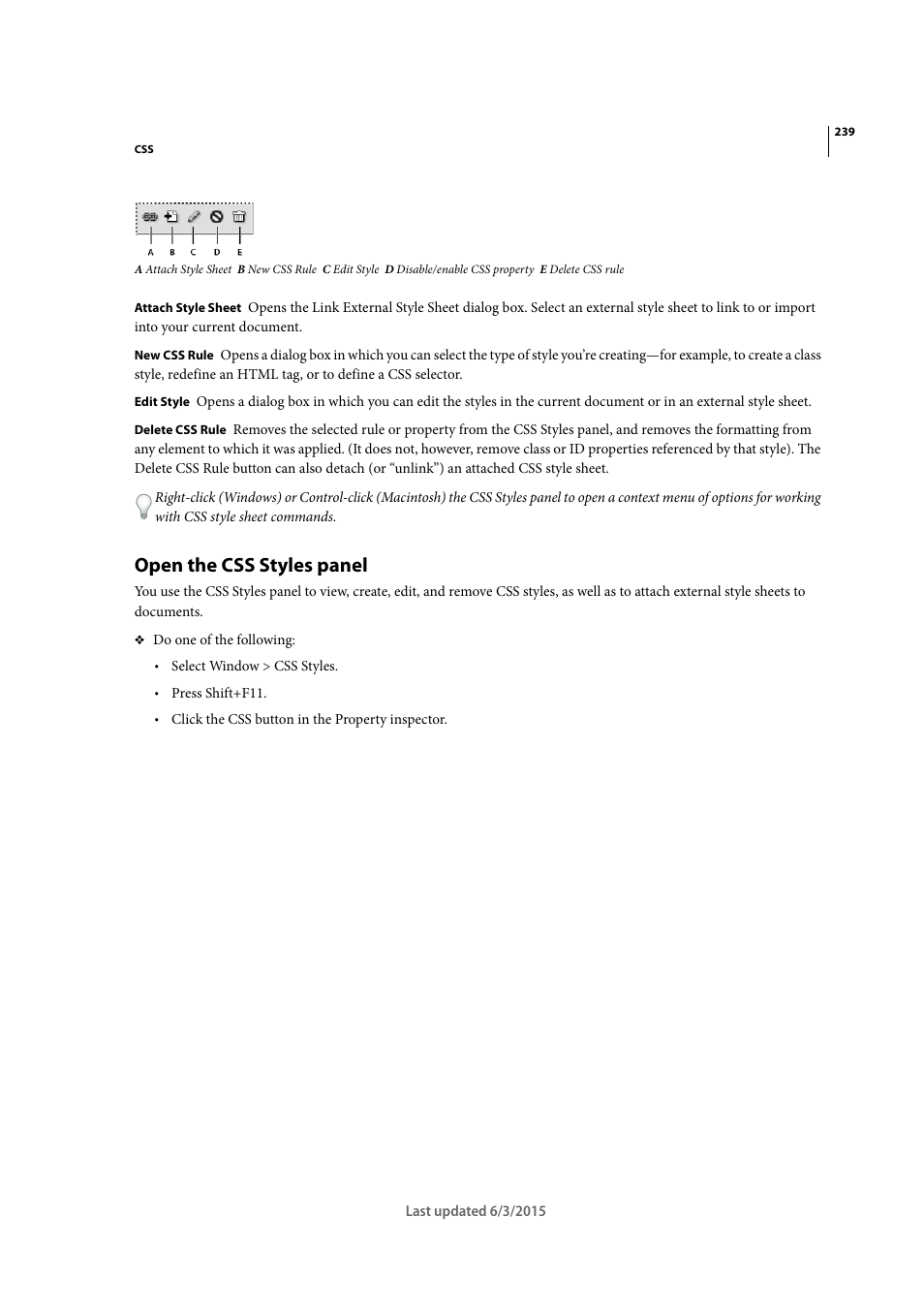 Open the css styles panel | Adobe Dreamweaver CC 2015 User Manual | Page 246 / 700