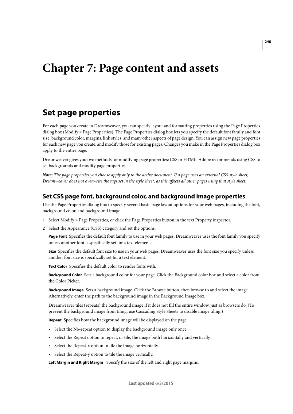 Chapter 7: page content and assets, Set page properties | Adobe Dreamweaver CC 2015 User Manual | Page 247 / 700